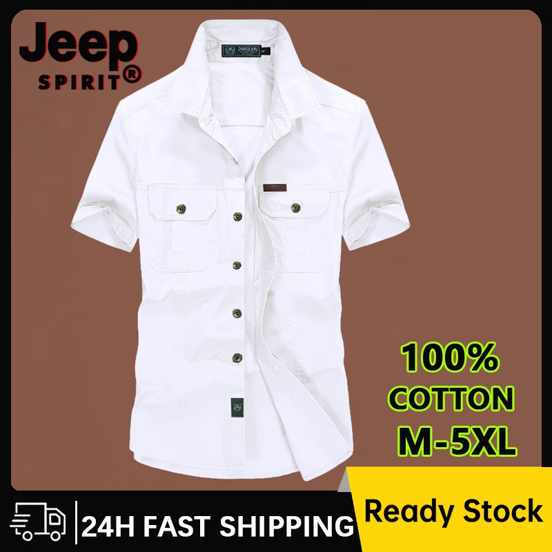 Jeep SPIRIT เสื้อเชิ้ตแขนสั้นผ้าฝ้าย 100% เสื้อทํางานผู้ชายสีขาว