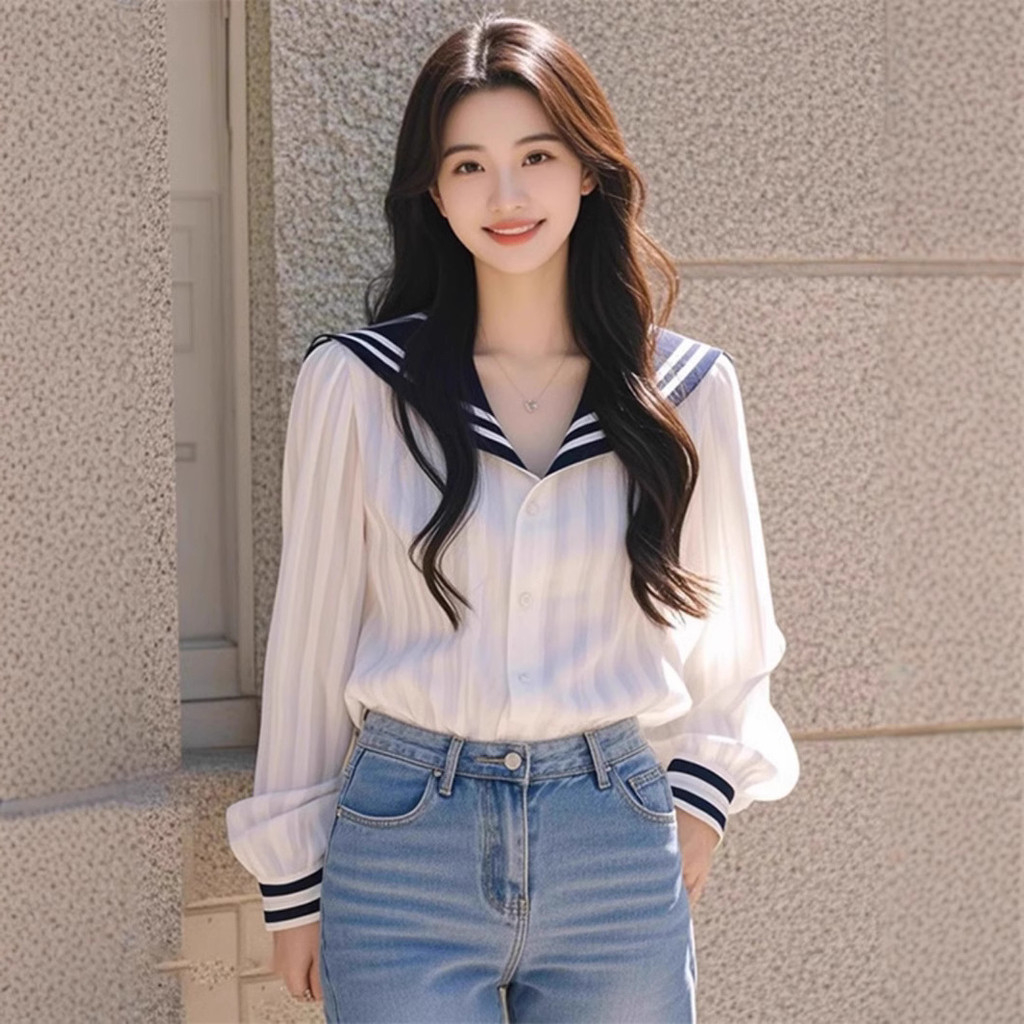 Hermarou เสื้อสตรีแขนยาวเสื้อยืดสีฟ้าลายหลวมด้านบนปกใหญ่ออกแบบ