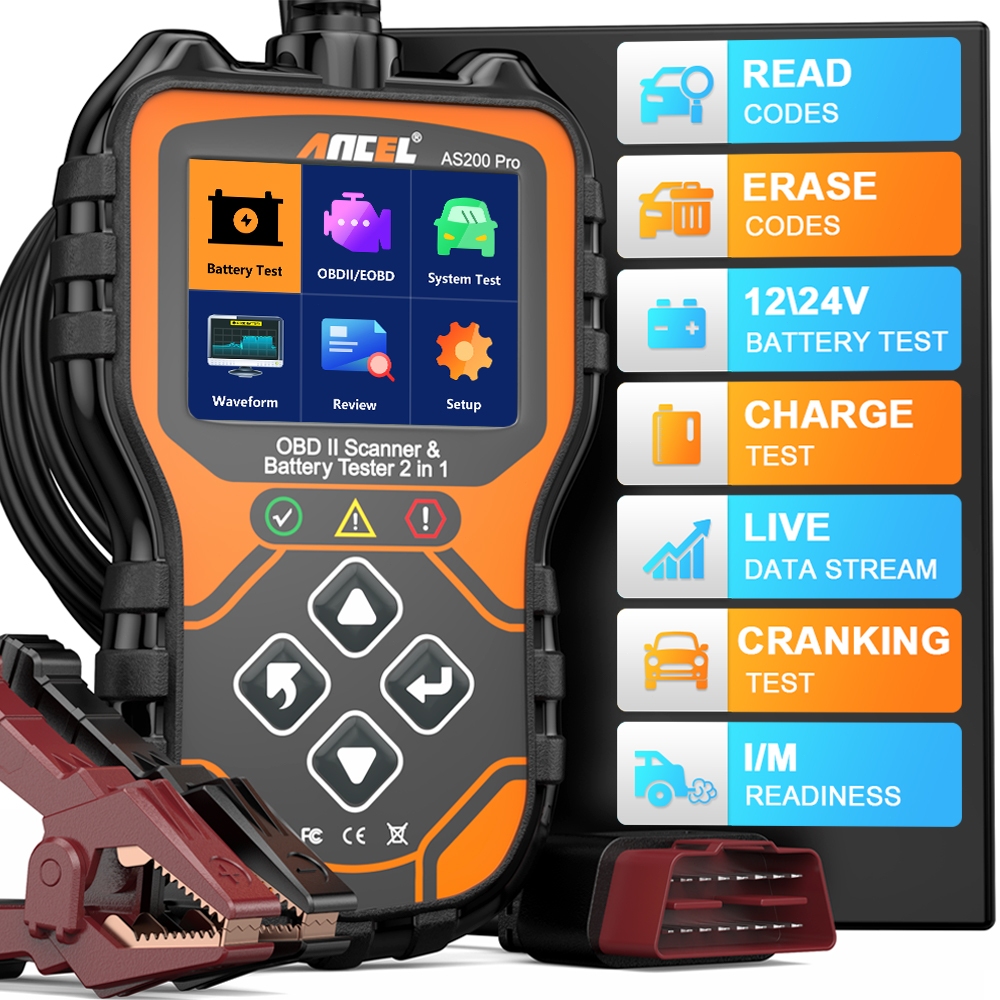Ancel AS200 PRO 2 in 1 OBD2 เครื่องสแกนเนอร์ เครื่องทดสอบแบตเตอรี่ 12V 24V เช็คเครื่องยนต์