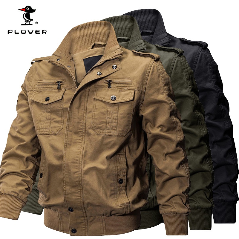 Plover Mens Air Force Flight Jacket Multi-Pocket Pure Cotton Retro Cargo Jacket Zipper Pocket