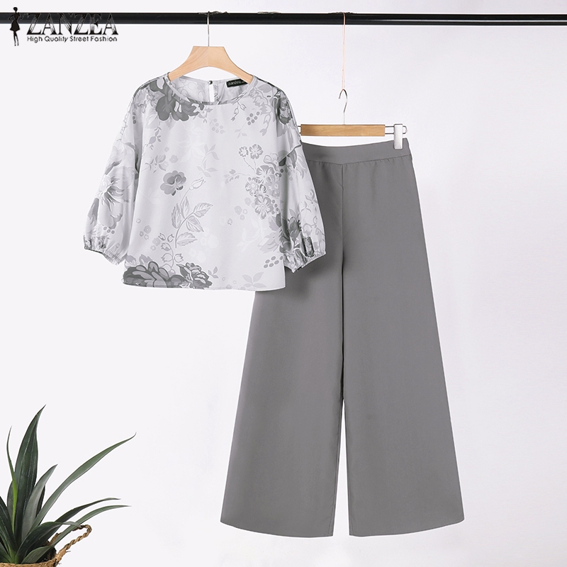 ZANZEA ใส่ ซานเซีย ผู้หญิงวินเทจแขนโคมไฟยืดหยุ่นข้อมือปุ่มท็อปส์กางเกง