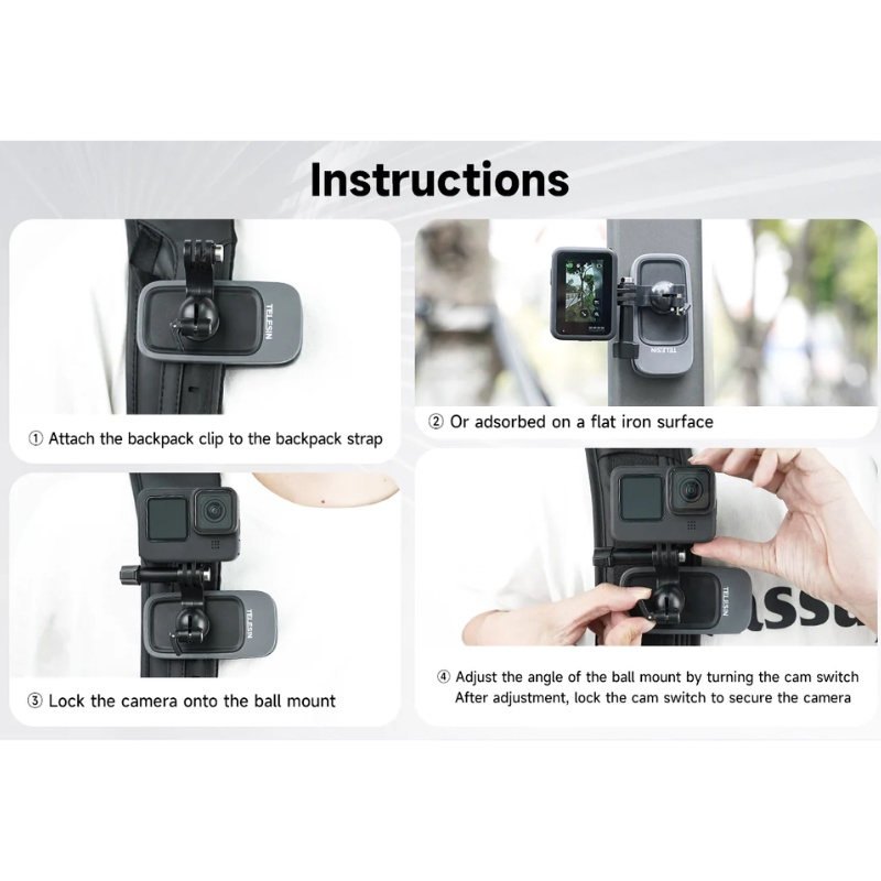 Telesin Backpack Clip magnetic and 360 rotary backpack clip mount ตัวยึดแบบแม่เหล็ก สำหรับ GOPRO ทุกรุ่น, DJI Action 5Pro/4/3,Insta360