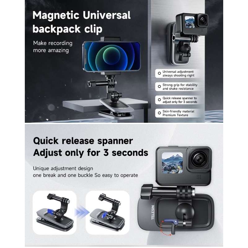 Telesin Backpack Clip magnetic and 360 rotary backpack clip mount ตัวยึดแบบแม่เหล็ก สำหรับ GOPRO ทุกรุ่น, DJI Action 5Pro/4/3,Insta360