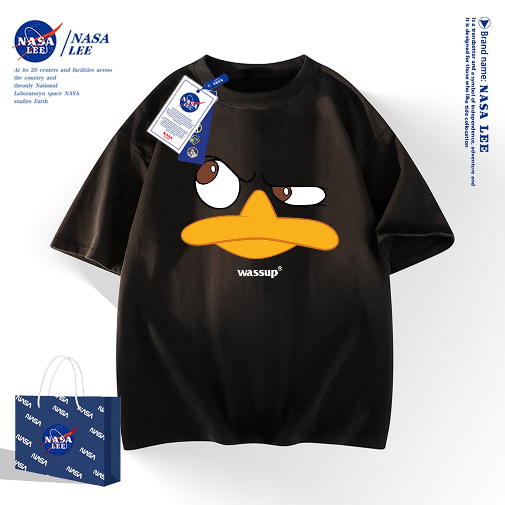 NASA เสื้อยืดแขนสั้น 100% คอตตอนสไตล์อเมริกัน สำหรับผู้ชายและผู้หญิง เสื้อดีไซน์ต้นฉบับลายเป็ดปากแบน