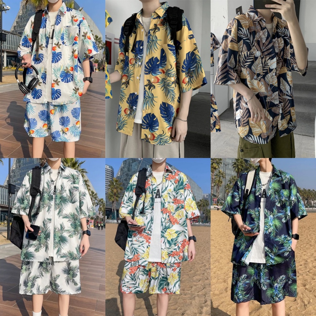 🌴2PCS🌴เสื้อฮาวายผู้ชาย เสื้อเที่ยวทะเล hawaii กางเกงขาสั้นฮาวาย ลายดอกไม้ หลายสไตล์ เหมาะสำหรับผู้ชายและผู้หญิงทุกคน