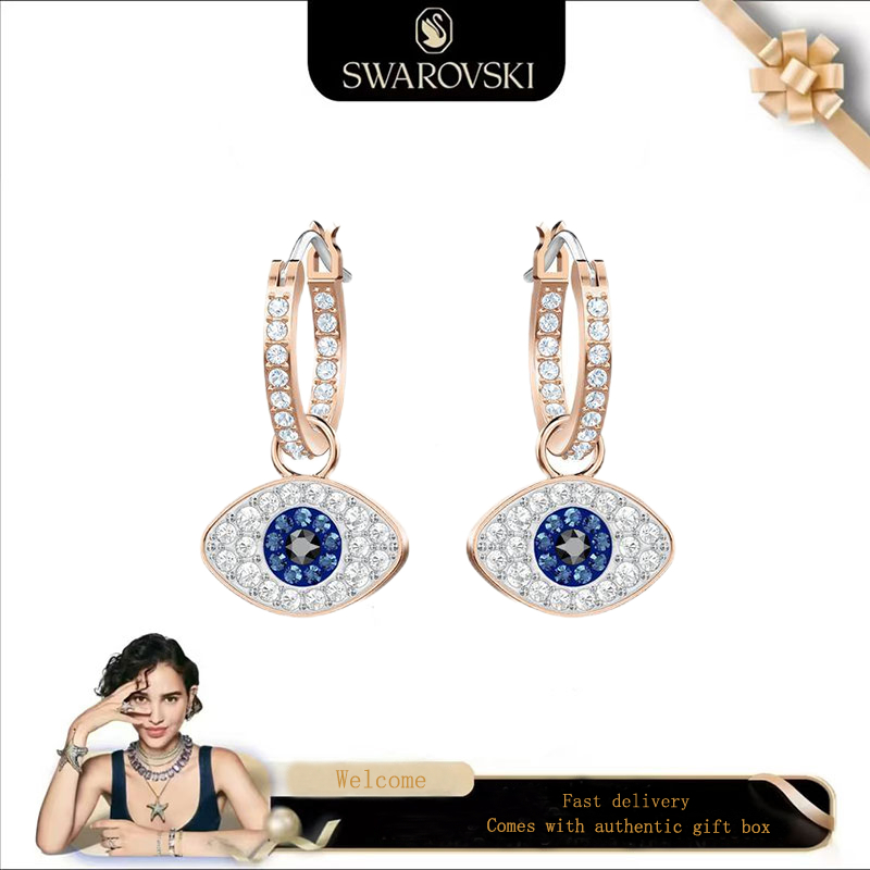Swarovski (ใหม่)Fashionwomensearrings Rose Gold พลอยคริสตัลหลากสีทูโทน Evil Eye Hoop ต่างหูเจาะของขวัญวันวาเลนไทน์ของขวัญวันเกิด