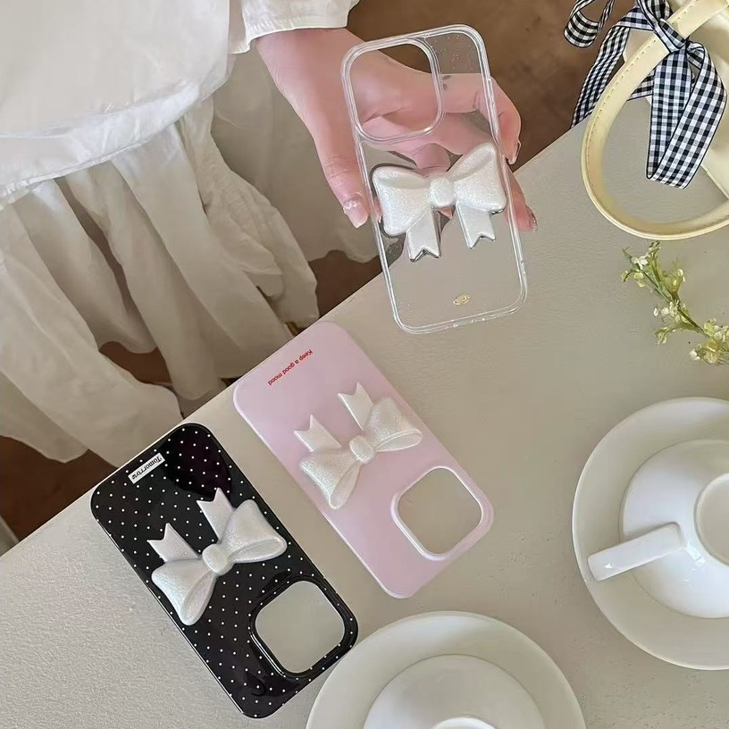 เกาหลี Polka Dot 3D Bow เคสโทรศัพท์สําหรับ iPhone 16, 15, 14, 13 Pro Max อินเทรนด์ซิลิโคน 15promax ปกอ่อน