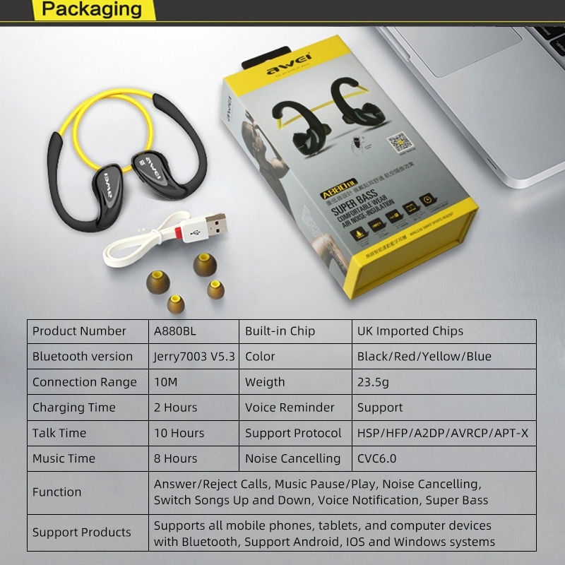 Awei A880BL TWS หูฟังบลูทูธ ไร้สาย Bluetooth Earphone แบบคล้องคอ เสียงเบสหนัก หูฟังวิ่ง ในตัวไมค์