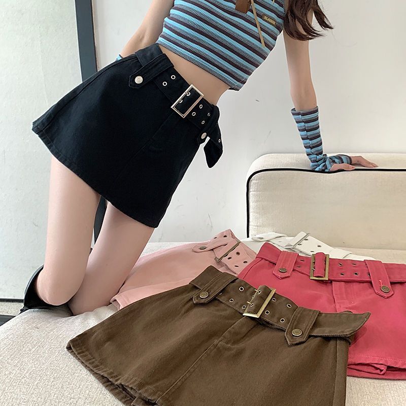 Laterme 7 สี S-4XL เอวสูงกระโปรงยีนส์สั้น ซับในเป็นกางเกง ไม่ยืด แถมเข็มขัด