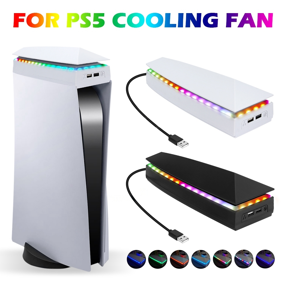 พัดลมระบายความร้อน RGB สําหรับ PS5 / PS5 Slim / PS5 Pro , พัดลมระบายความร้อนระบบทําความเย็นด้านบนพร้อมไฟ RGB, พัดลมปรับ 3 ความเร็ว, พอร์ต USB 2.0 คู่สําหรับคอนโซล PS5
