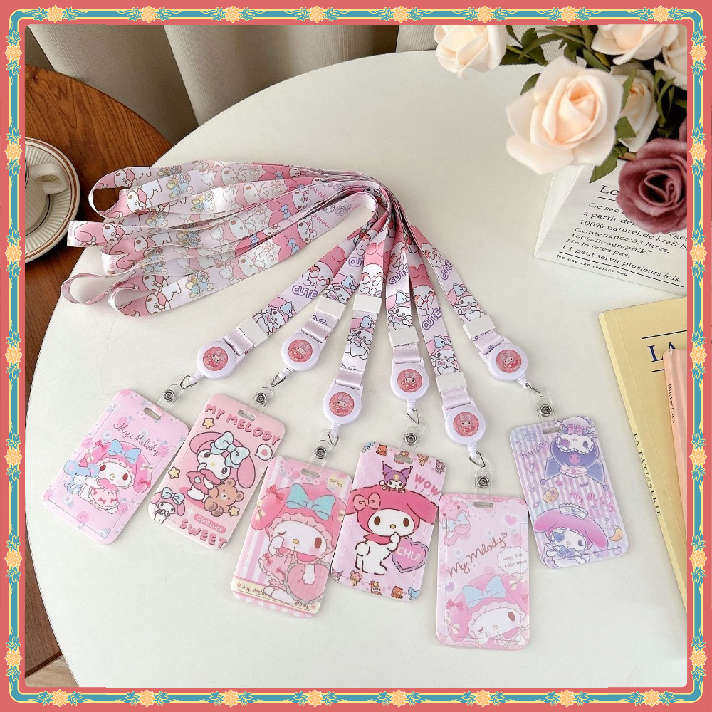 Sanrio Melody Hard Shell Multifunctional Retractable Long Rope Card Holder Sanrio Photocard Easy Pull Buckle Card Holder Anti-Lost Protective Case Bag Charm Access Control Card Bus MRT Card Holder ABS ID Holder id case aesthetic