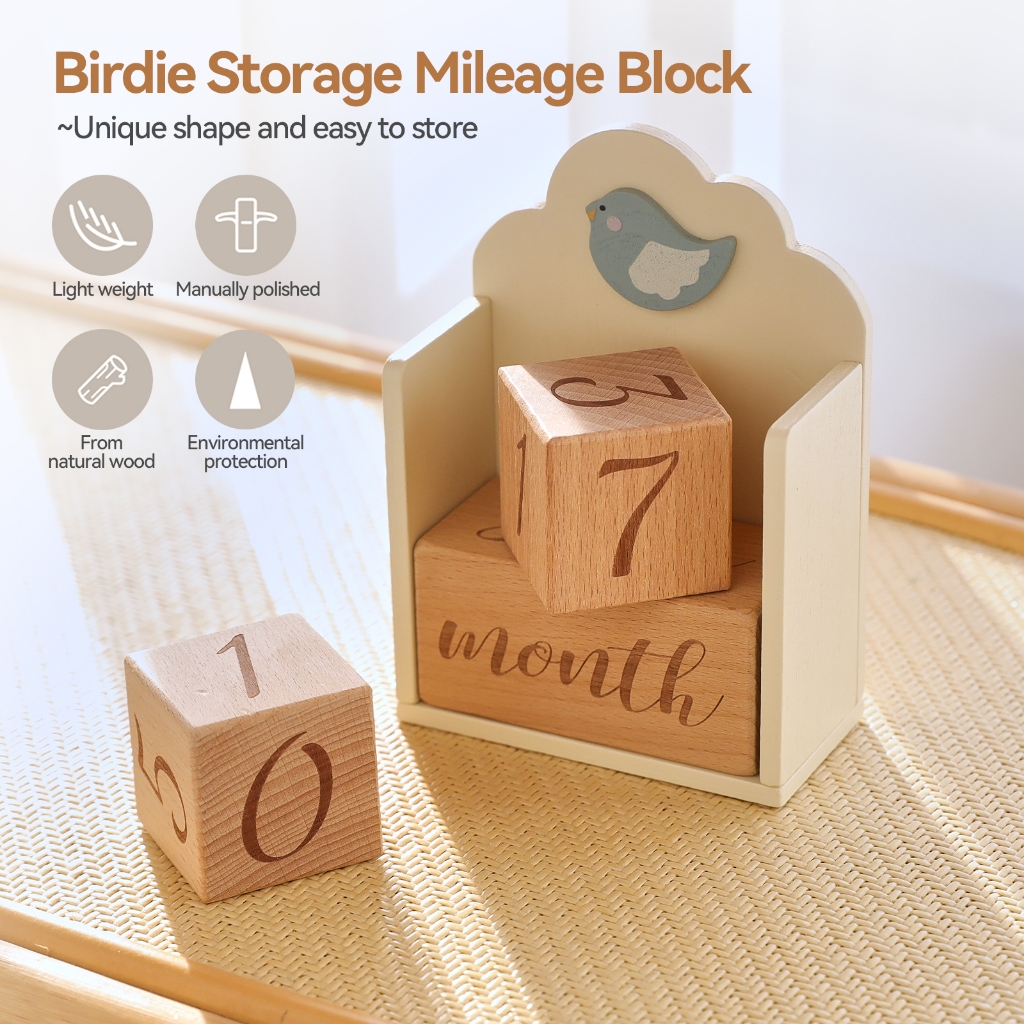 เด็กไม้ Milestone อาคาร Bocks ทารกแรกเกิดการถ่ายภาพ Props รูปนก Growth Memorial Milestone บล็อกไม้