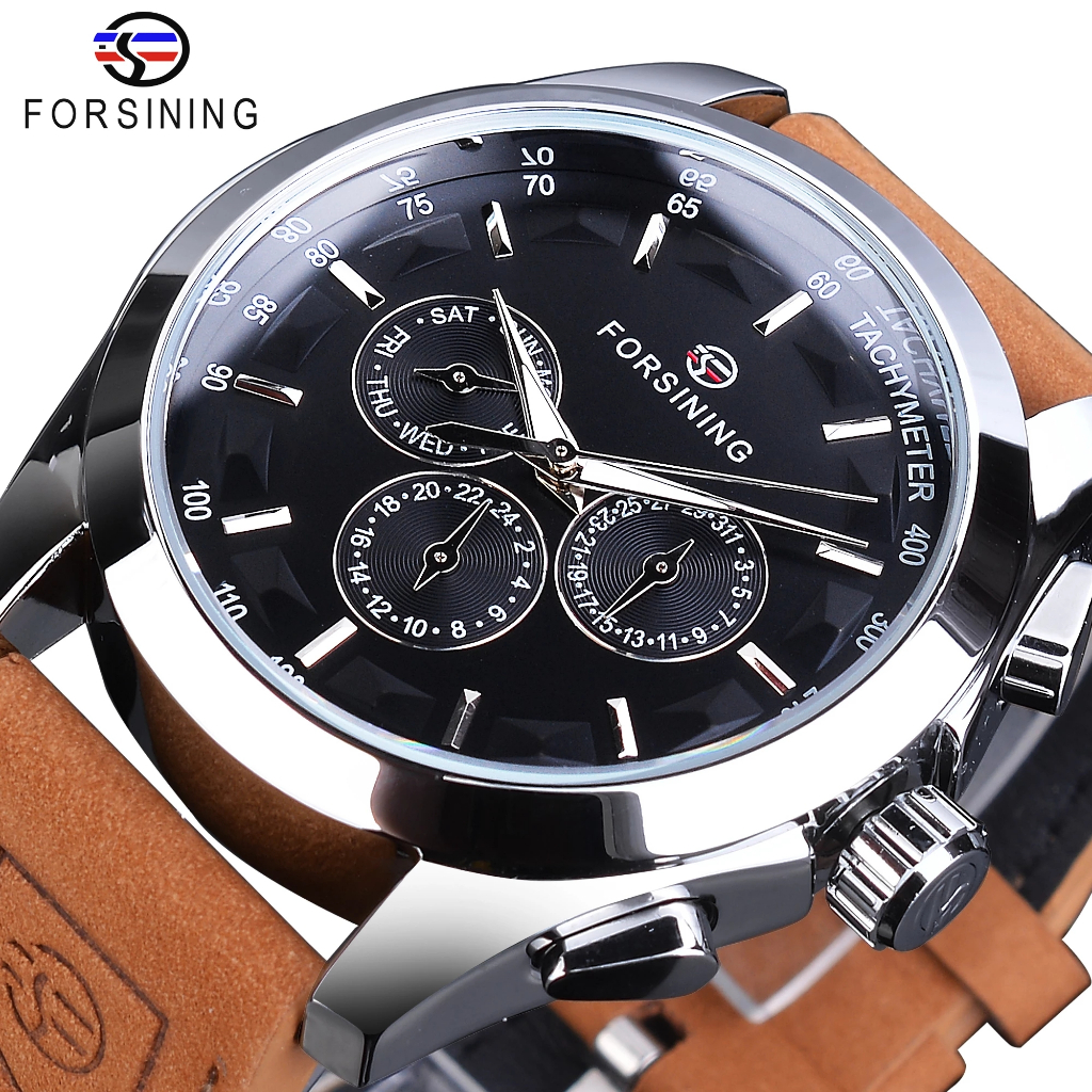 Forsining Automatic Watch Mens Mechanical Watch Black 3 Dial Calendar Display Clock Fashion Luminous