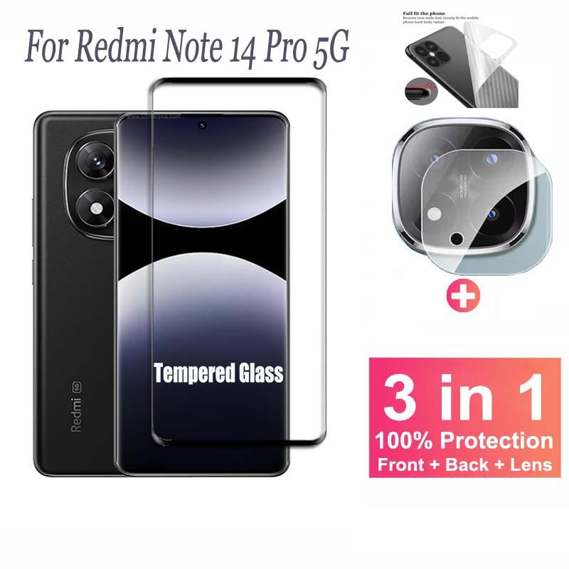 3 ใน 1 ตัวป้องกันหน้าจอ กระจกนิรภัย สําหรับ Xiaomi Redmi Note 14 Pro 13 12 11 Pro Plus 5G 4G พร้อมฟิล์มกล้องและฟิล์มหลัง