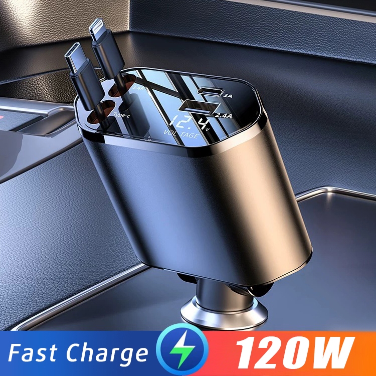 4 In 1 120W ที่ชาร์จในรถอเนกประสงค์ ที่ชาร์จในรถ หัวชาร์จในรถ สายชาร์จในรถยนต์ อะแดปเตอร์ชาร์จเร็ว สายยืดหดได้ Type-C USB