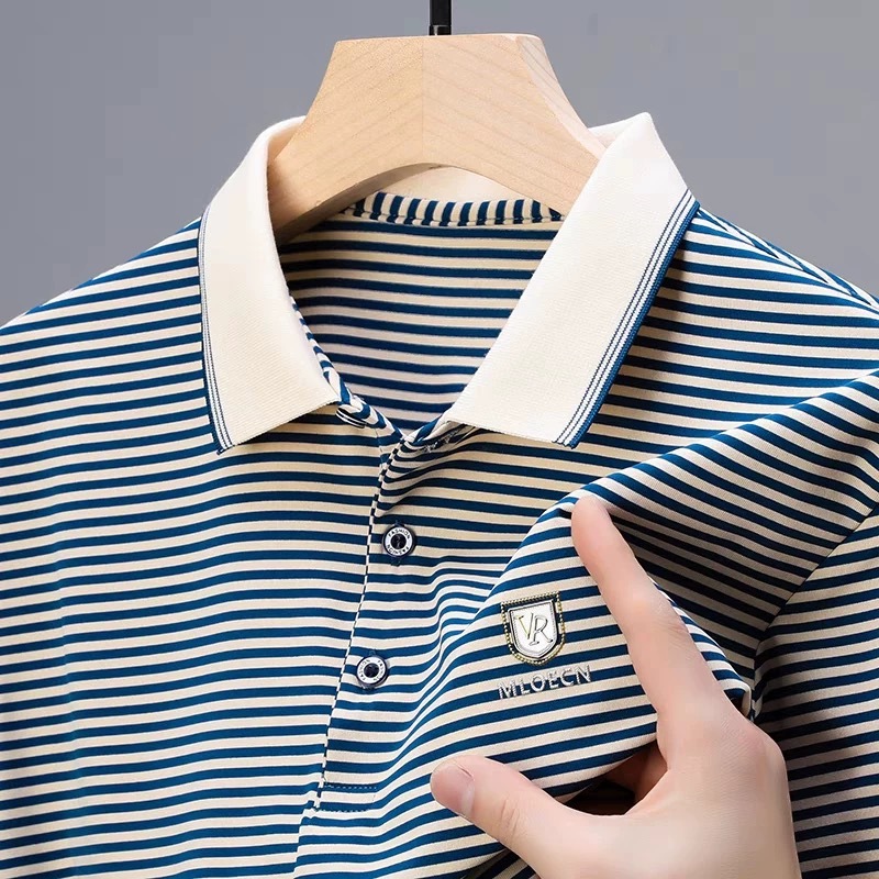 ProMan-เสื้อเชิ้ตโปโลผู้ชายลายทาง แขนสั้น สีเย็บ สไตล์ธุรกิจ ขนาดใหญ่ ผ้าฝ้ายแท้