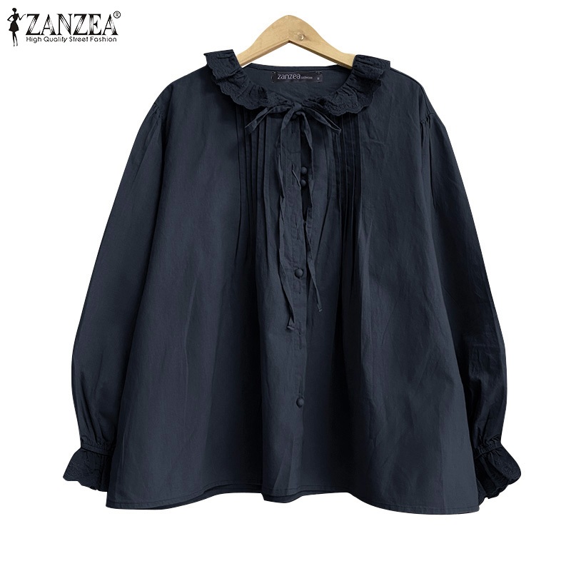 Zanzea เสื้อเบลาส์คอกลมแขนยาวลําลองเกาหลีสําหรับผู้หญิง