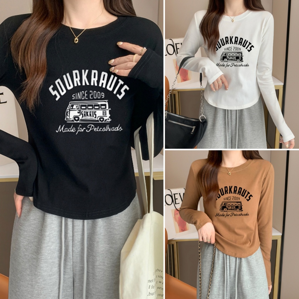 Hotgirl พร้อมส่ง เสื้อยืดแขนยาวผู้หญิง เสื้อยืดแฟชั่น ดีไซน์จีบและพิมพ์ ใส่สบาย สไตล์อเมริกัน