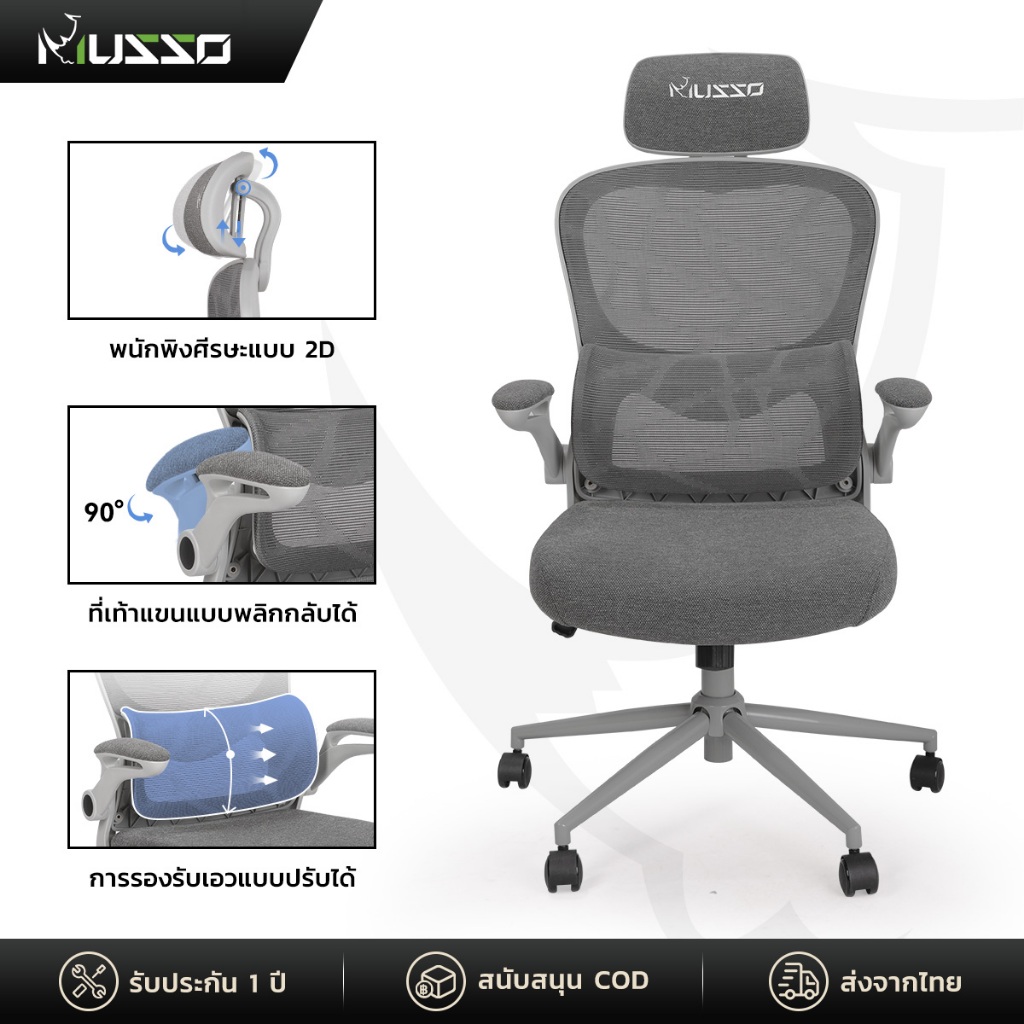 MUSSO C10 เก้าอี้ทำงานที่มีพนักพิงศีรษะ 2D และที่วางแขนแบบพลิกได้