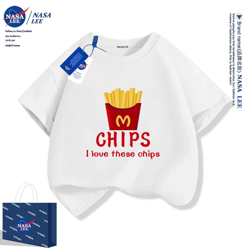 NASA เสื้อยืดแขนสั้นฤดูร้อนสไตล์อเมริกัน สำหรับเด็ก รุ่นใหม่ปี 2025 ผ้าคอตตอนนุ่มสบาย ลายมันฝรั่งทอด