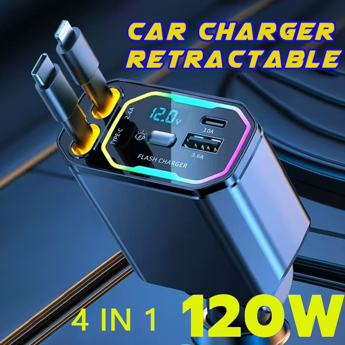 เครื่องชาร์จในรถยนต์ 4IN1 PD120W 6A ชาร์จเร็ว สายเคเบิล ที่หดได้ Type-C สายข้อมูล IOS