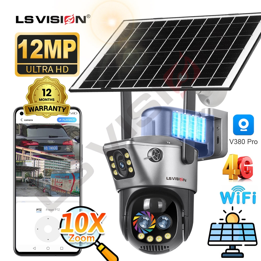 Ls VISION 4K 12MP  กล้องวงจรปิด solar camera กล้องพลังงานแสงอาทิตย์ V380 Pro 4G/WiFi 10X ZOOM ซิมหน้าจอคู่กลางแจ้ง WiFi แบตเตอรี่พลังงานแสงอาทิตย์กล้องวงจรปิด IP Camara Alarm การติดตามมนุษย์