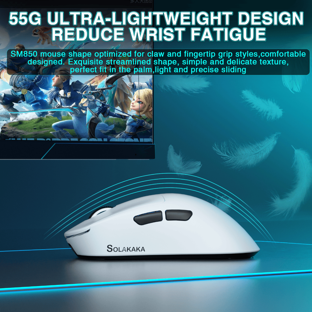 Solakaka SM850 เมาส์ไร้สาย 50g เมาส์น้ําหนักเบา Bluetooth5.1/2.4G/แบบมีสายเมาส์ตามหลักสรีรศาสตร์ระดับ 6 DPI Optical Mice รองรับเกมสํานักงาน