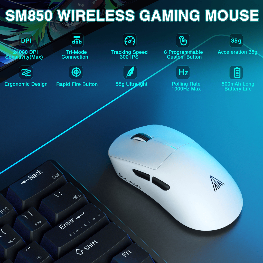 Solakaka SM850 เมาส์ไร้สาย 50g เมาส์น้ําหนักเบา Bluetooth5.1/2.4G/แบบมีสายเมาส์ตามหลักสรีรศาสตร์ระดับ 6 DPI Optical Mice รองรับเกมสํานักงาน