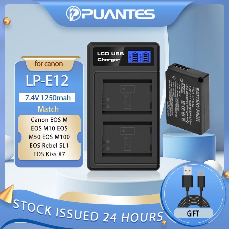Puantes LP-e12/e12 แบตเตอรี่กล้อง + USB 2 สล็อตเครื่องชาร์จ LCD สําหรับ Canon EOS M M2 M50 M100 100D Kiss x7 Rebel SL1