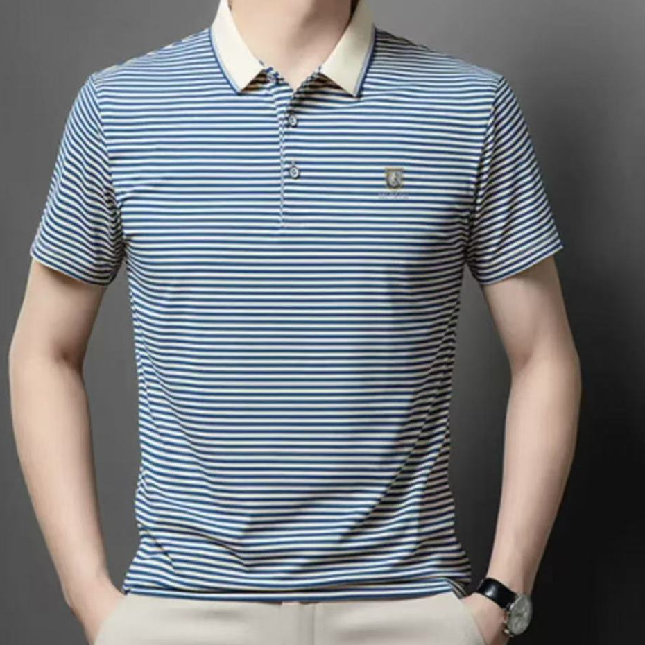 M&M เสื้อโปโลแขนสั้นผู้ชาย สะดวกสบาย ระบายอากาศได้ แถบ ความสง่างาม ผู้ใหญ่ลม