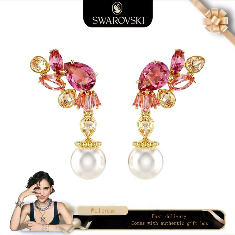 Swarovski (ใหม่)ต่างหูแฟชั่นผู้หญิง S925 เงินสเตอร์ลิงผสมตัดคริสตัลมุกดอกไม้คริสตัลสีชมพูอัญมณีอัญมณีต่างหูของขวัญวันวาเลนไทน์ของขวัญวันเกิด