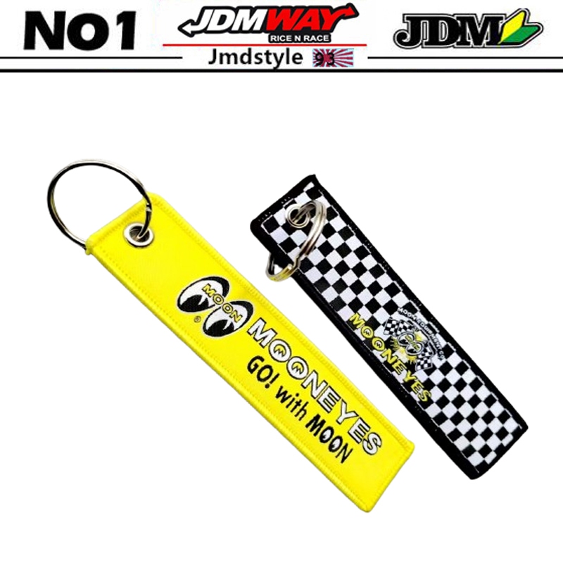 Moonneyes JDM โลโก้คู่เย็บปักถักร้อยรถอัตโนมัติพวงกุญแจพวงกุญแจบุคลิกภาพแฟชั่นผ้าแท็กกุญแจอุปกรณ์เสริม