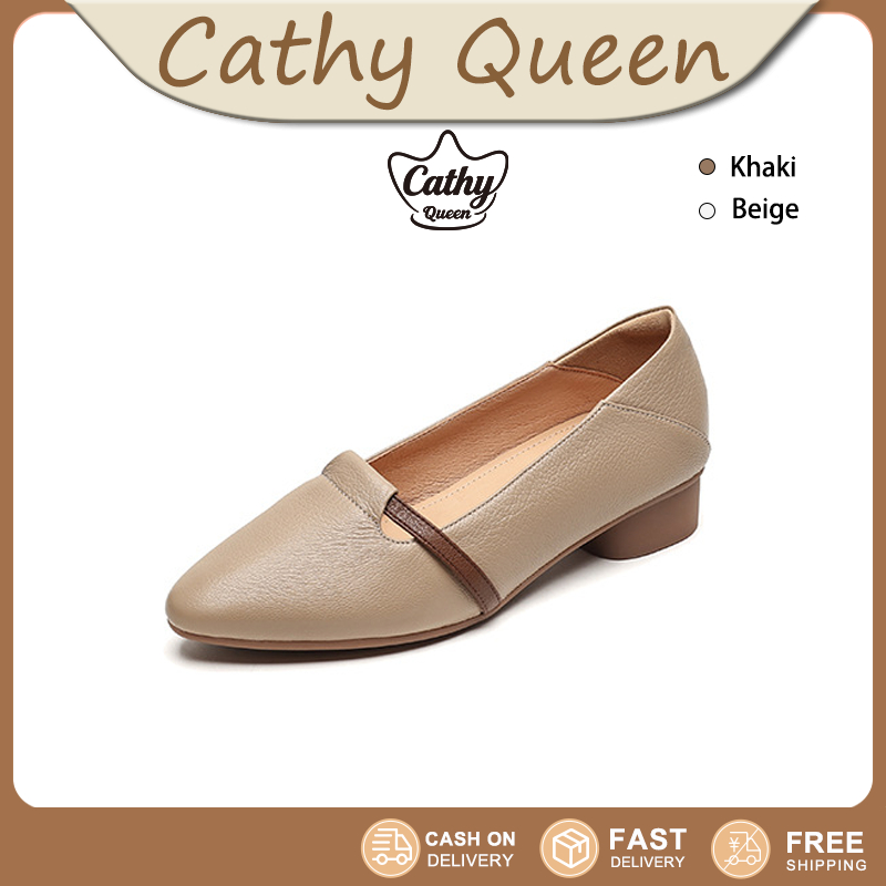 Cathy Queen รองเท้าส้นเตี้ย มีสไตล์เรียบง่ายส้นเตี้ยสีอ่อนรองเท้าแฟชั่นสำหรับผู้หญิงสบายเพียงผู้เดียวและน้ำหนักเบาเหมาะสำหรับผู้หญิง