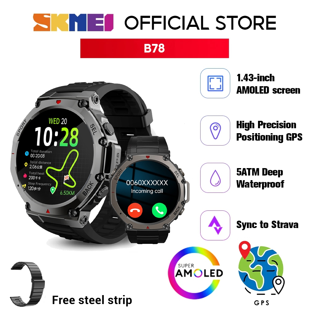 Skmei 1.43 หน้าจอ AMOLED พร้อมการติดตาม GPS ที่แม่นยํา กีฬากลางแจ้งว่ายน้ํากันน้ํา 500mAh แบตเตอรี่ความจุขนาดใหญ่สําหรับวัดระดับความสูง เข็มทิศ Strava Smart watch B78