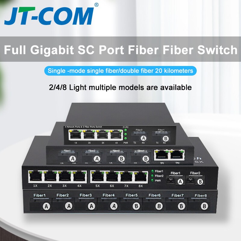 Jt-com Gigabit Ethernet Fiber Switch 1/2/4/8 พอร์ต 1000mbps SC Duplex Fiber และ 2/4/8 พอร์ต 1000mbps Rj45 Fiber Media Converter 20km