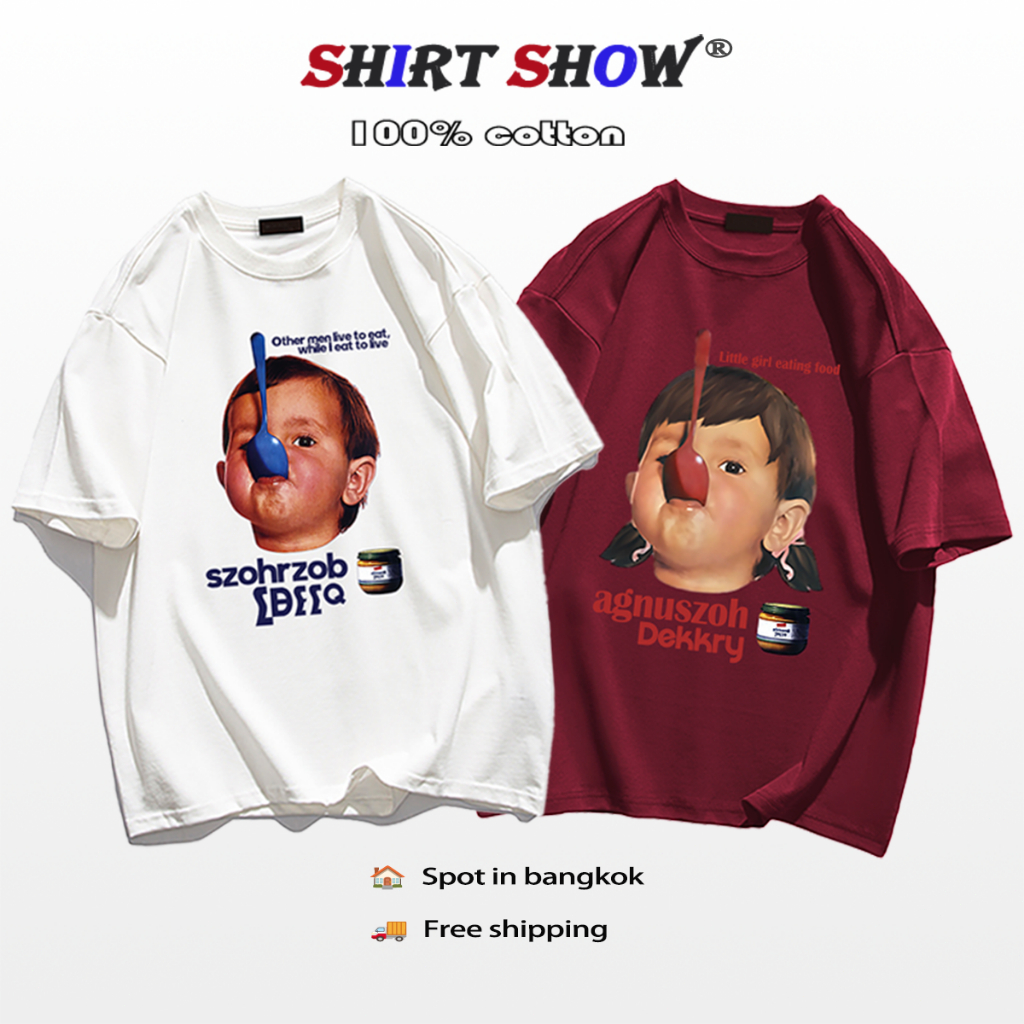 เสื้อยืดแขนสั้นทรงหลวม ลายการ์ตูนเด็กน้อยคาบช้อน สไตล์ชิคสำหรับนักเรียน ผ้าฝ้ายแท้ใส่สบาย YG288+753