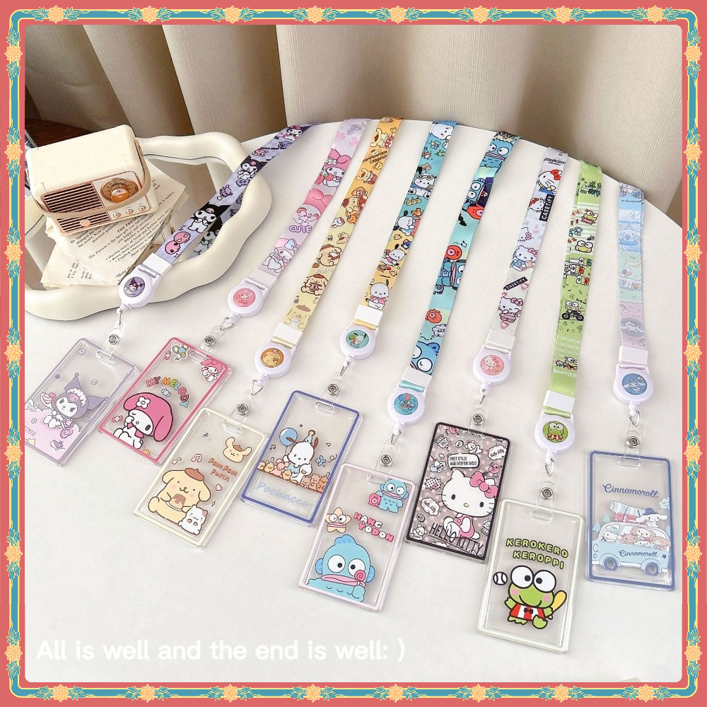 Sanrio ABS Hard Shell Multifunctional Retractable Long Rope EasyCard Case with Easy Pull Buckle, Anti-Lost Protective Charm, Bus/MRT ID Holder