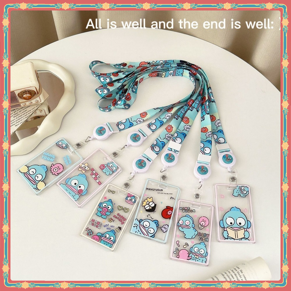 Transparent Sanrio Hanton Hard Shell Multifunctional Retractable Long Rope Card Case with Easy Pull Buckle, EasyCard Protection, Anti-Lost, ABS ID Holder, Bag Charm