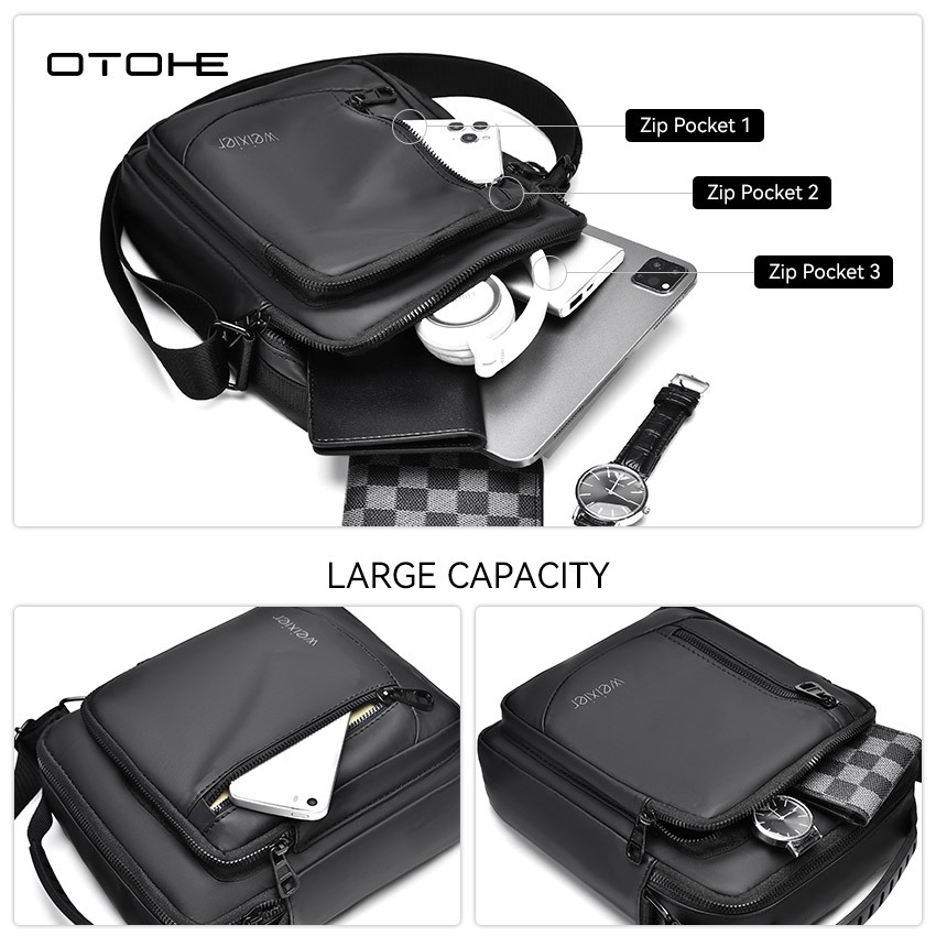 OTOHE กระเป๋าสะพายไหล่ผู้ชายกระเป๋าสะพายข้างกระเป๋ากันน้ําหนัง PU Casual Sport Street Bag