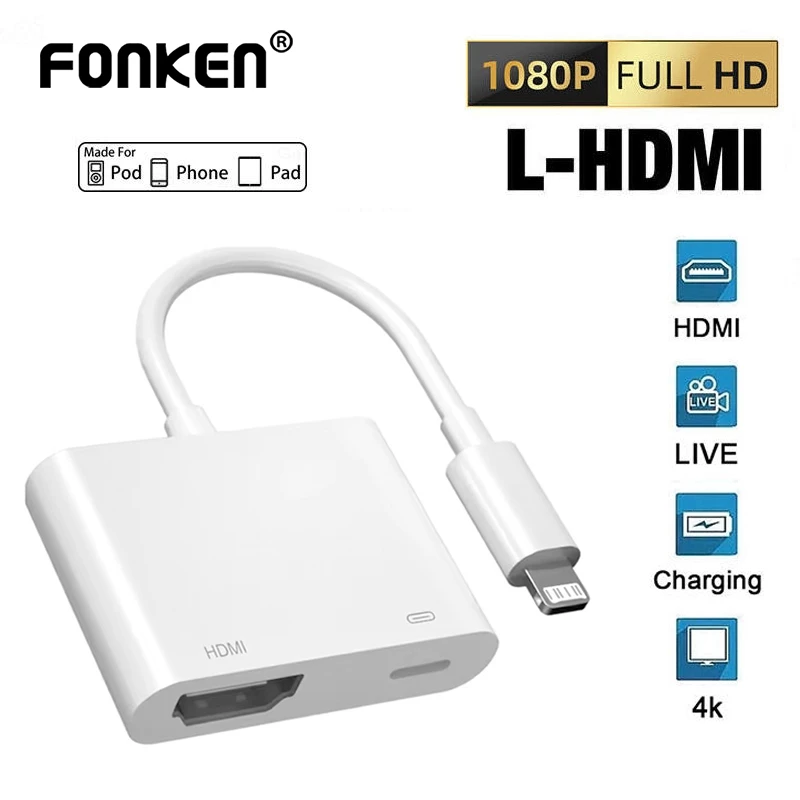 Fonken iOS to HDMI อะแดปเตอร์ AV ดิจิตอลสําหรับ iP 14 13 1080P HDMI Video Audio Sync หน้าจอ Converter to TV/โปรเจคเตอร์
