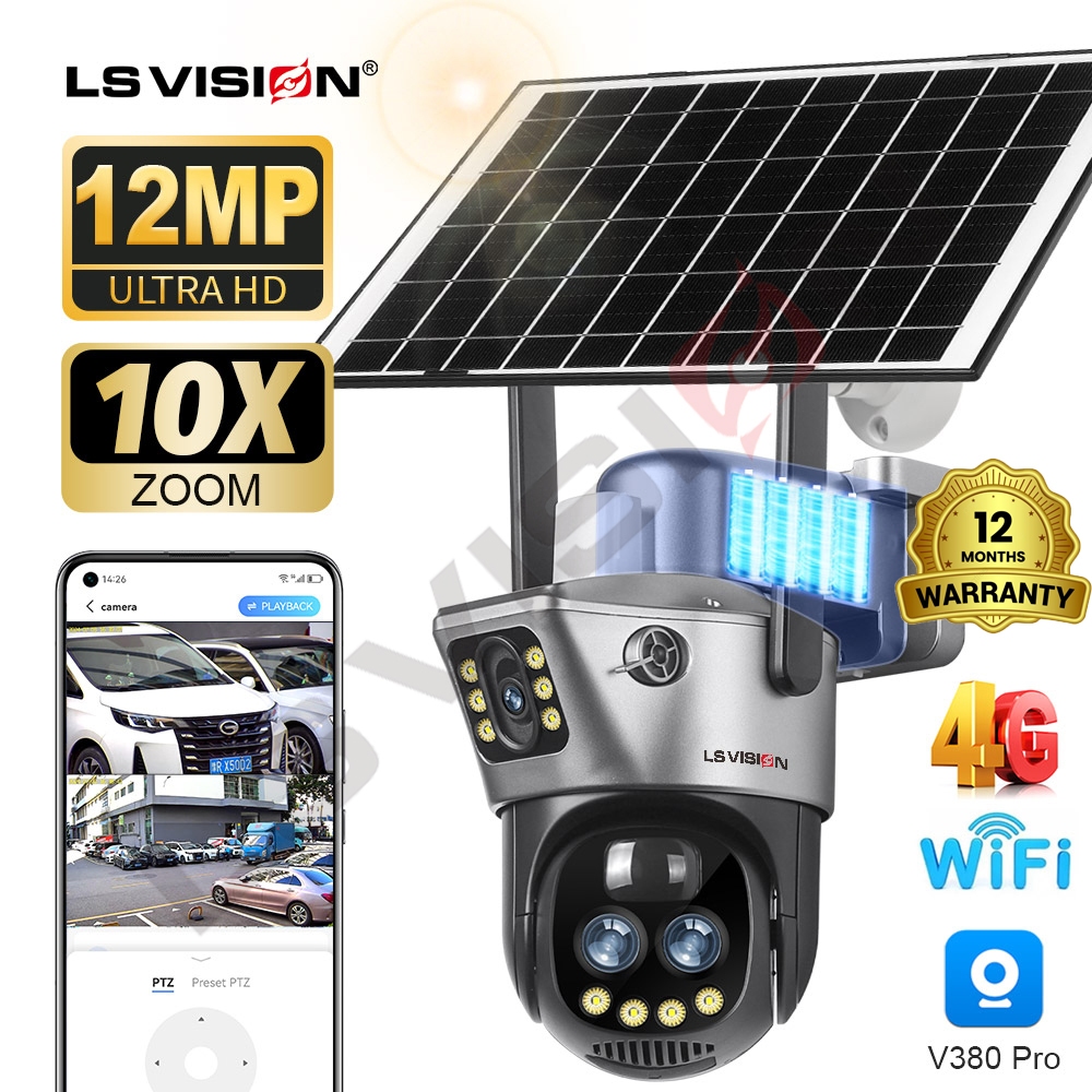 Ls VISION  กล้องวงจรปิด กล้องวงจร โซล่า 12MP 10X ZOOM solar camera กล้องพลังงานแสงอาทิตย์ V380 Pro 4G/WiFi ซิมหน้าจอคู่กลางแจ้ง WiFi แบตเตอรี่พลังงานแสงอาทิตย์ IP Camara Alarm Humanoid ติดตาม