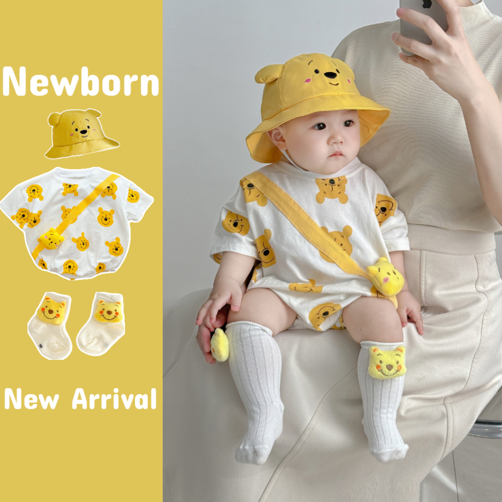 ทารกแรกเกิดฤดูร ้ อน jumpsuit Poonie Bear ใหม ่ เด ็ กทารกและเด ็ กผู ้ หญิงแขนสั ้ น Onesie 0-24 เดือน