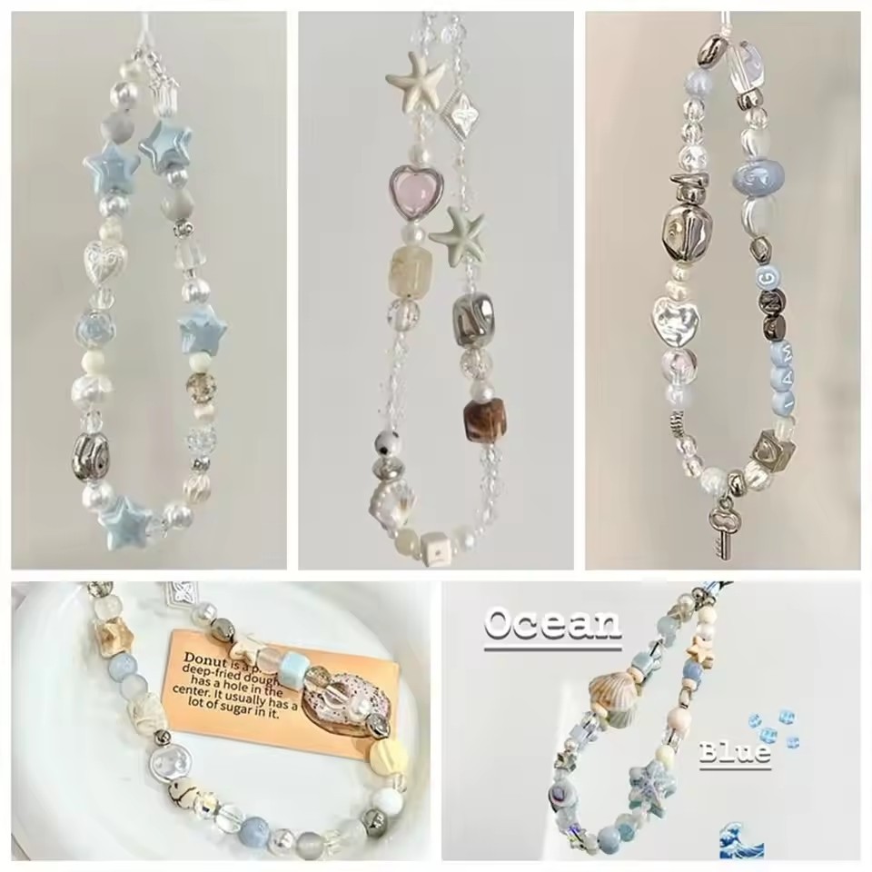 Ins Blue Star เปลือกหอยลูกปัดสายคล้องโทรศัพท์น่ารัก Charm Chain ดอกไม้โทรศัพท์ Lanyard พวงกุญแจผู้หญิงสาวกระเป๋าจี้สําหรับ iPhone กรณี
