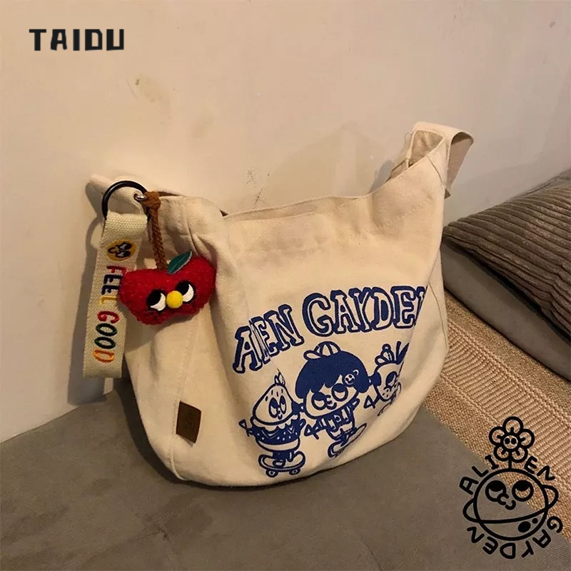 TAIDU กระเป๋าผ้าแคนวาสสไตล์ใหม่ ins กระเป๋าสะพายข้างความจุขนาดใหญ่รุ่นนักเรียนเกาหลีอินเทรนด์ทั้งหมด กระเป๋าสะพายน่ารัก