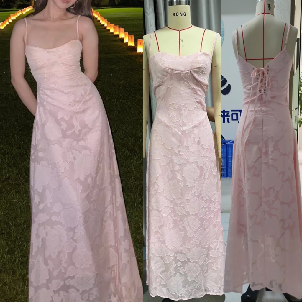 [] - ชุดเดรสยาว สายสปาเก็ตตี้ สองชั้น ลูกไม้ ดอกไม้ แขนสลิง เปิดหลัง ฤดูร้อน ชายหาด วันหยุด