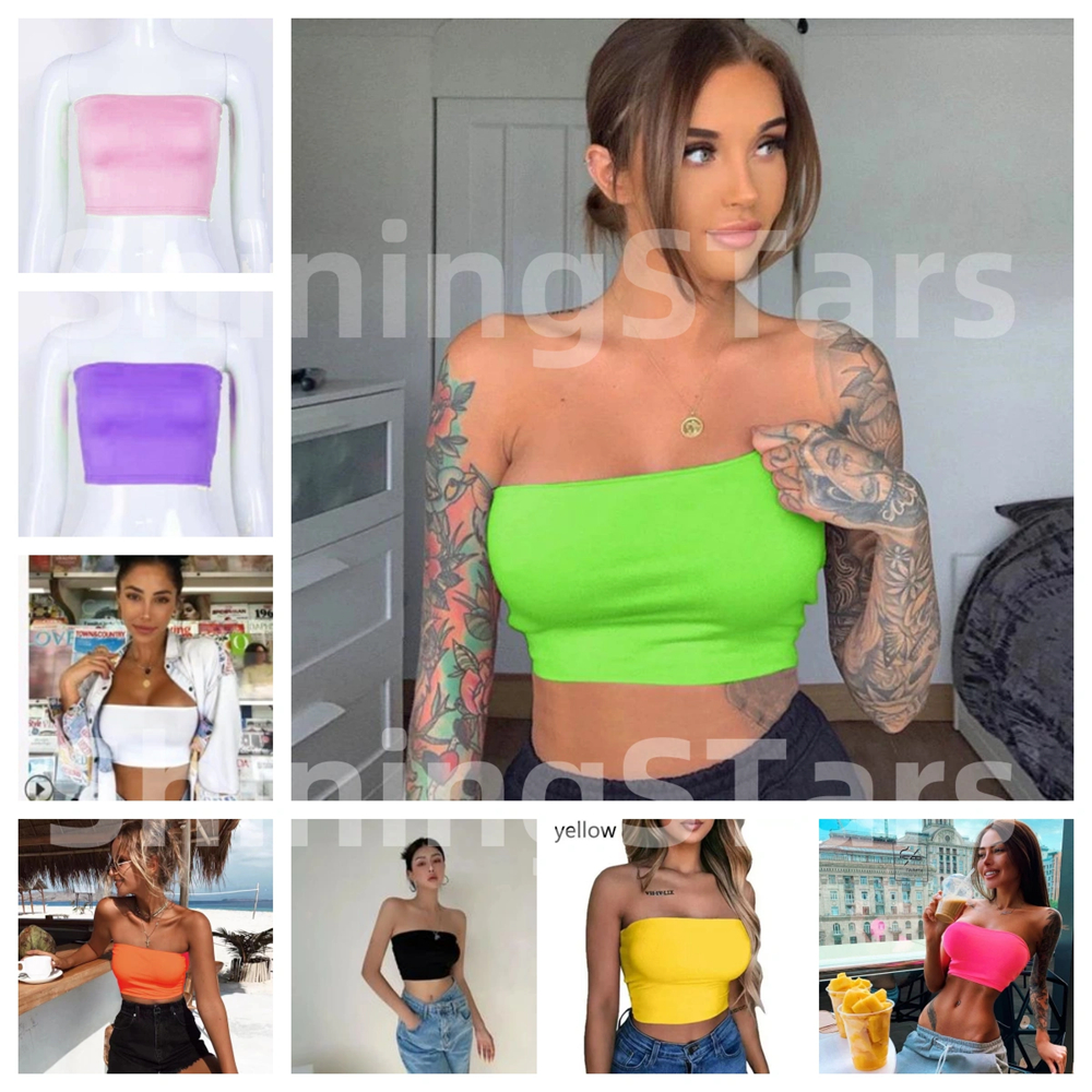 Shiningstars ผู้หญิงฤดูร้อนเซ็กซี่ Strapless Cropped Tube Top Neon สีทึบปิดไหล่ Bralette พื้นฐานห่อหน้าอก Bandeau รถบัส