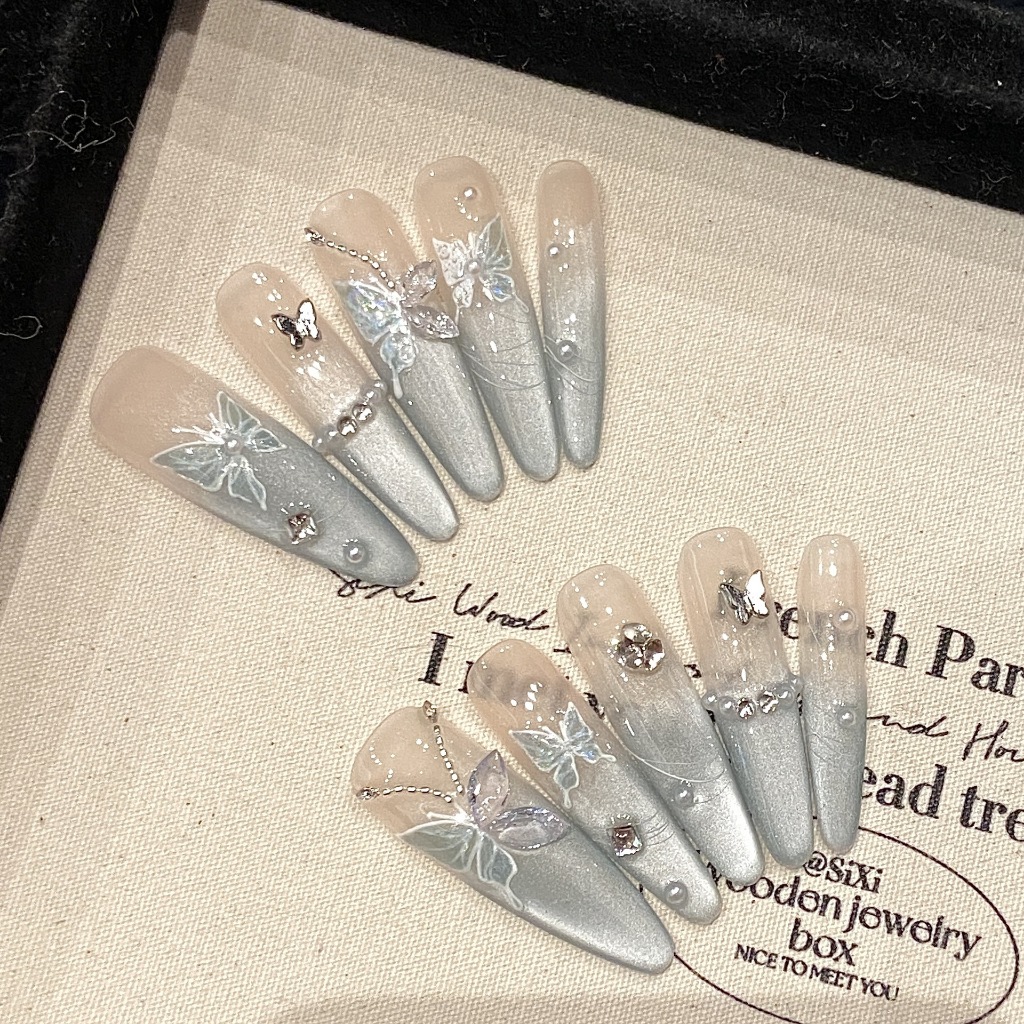 [Mint Mambo] ทําด้วยมือสวมใส่เล็บหรูหรายาวตาแมวสวมใส่เล็บเล็บชิ้นโรงงานผลิตภัณฑ์สําเร็จรูป