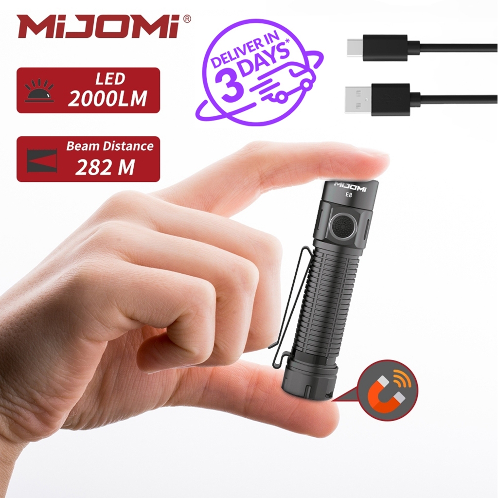 Mijomi EDC ไฟฉาย E8 2000 Lumen ความสว ่ างสูงไฟฉาย 18650 Type-C ไฟฉายแบบชาร ์ จไฟได ้ IPX8 กันน ้ ํา 282M Beam ระยะทางสําหรับกลางแจ ้ ง