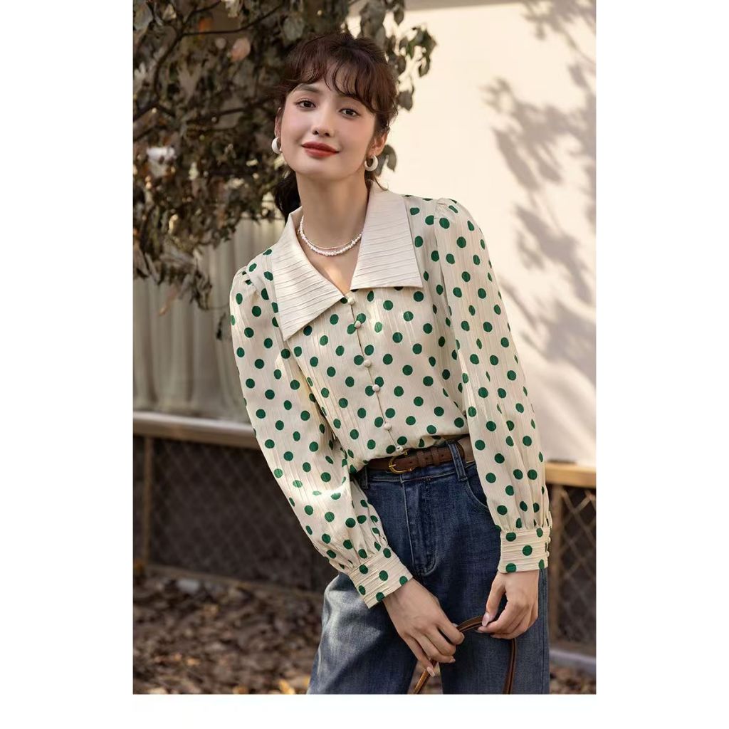 Mili Retro ชุดภาษาฝรั่งเศสคํา Vintage สีเขียว Polka Dot เสื้อแขนยาว Pit Strip ถัก All-Match หลวม Slimmer ดูเสื้อ 2025 ฤดูใบไม้ผลิฤดูร้อน