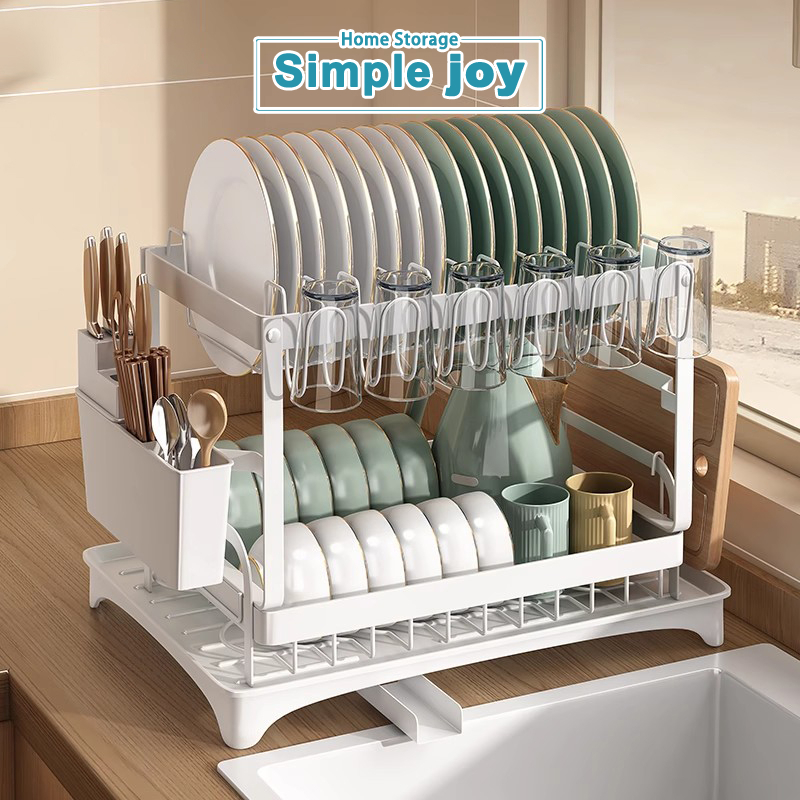 Simplejoy ชั้นวางจาน 2/3 ชั้น ที่คว่ำจานพร้อมท่อระบายน้ำ ชั้นเก็บของในครัว ไม่ต้องติดตั้ง เพิ่มพื้นที่จัดเก็บ